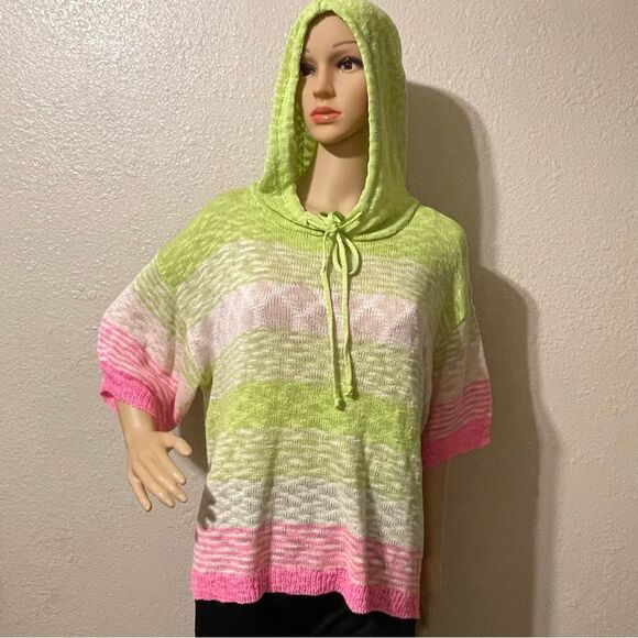 Bibi Rhyme Or Reason Lightweight Striped Hoodie Sweater Green Pink Size Medium - Picture 1 of 12